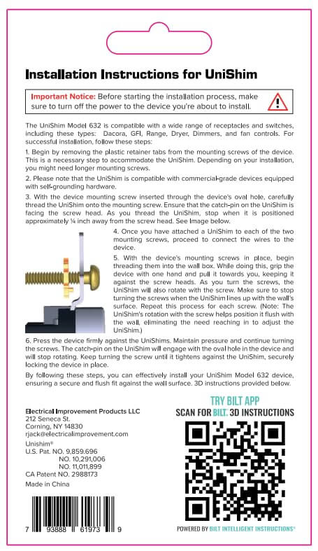 Installation instructions for Adjustable Outlet Spacer 10 Pack Kit With Micro-Adjustable Patented Catch Pin Design For Precise Wall Plate Alignment Receptacles And Switches Perfect For DIYers Home Improvement Renovations And New Construction, including a diagram and QR code.