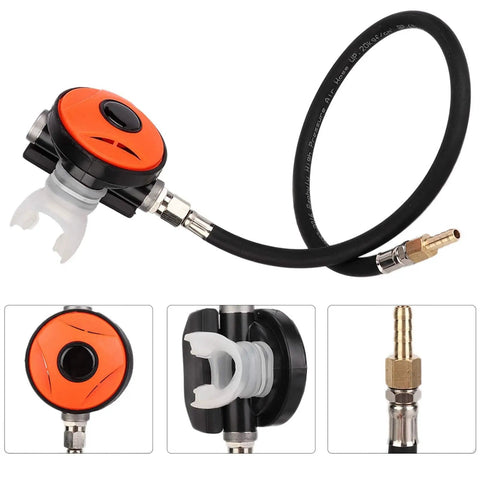 Dope Scuba Regulator Second Stage Mouthpiece For Diving Gear Hookah Dive Regulator Comfortable Bite Silicone Mouthpiece Durable Resin And Silicone Construction Explorer Level Underwater Breathing Equipment, showing black hose and orange accents.