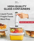 Glass Vacuum Seal Food Storage Containers 3-Piece Set For Fridge And Freezer Airtight No-Fuss Glass Containers Keep Leftovers Fresh Snacks And Dry Goods Works With Handheld Vacuum Sealer shown with variety of foods and vacuum sealer.