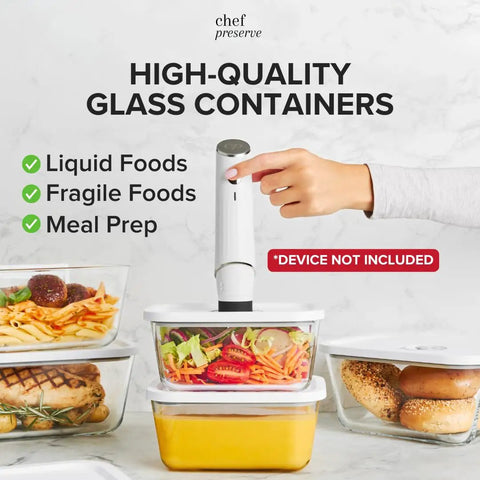 Glass Vacuum Seal Food Storage Containers 3-Piece Set For Fridge And Freezer Airtight No-Fuss Glass Containers Keep Leftovers Fresh Snacks And Dry Goods Works With Handheld Vacuum Sealer shown with variety of foods and vacuum sealer.