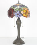 Tiffany Style Stained Glass Table Lamp With Red Rose Pattern, 12 Inch Shade, 22 Inch Tall, Resin Antique Green Bronze Base, Pull Chain, UL Listed