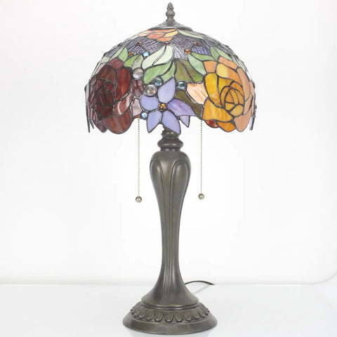 Tiffany Style Stained Glass Table Lamp With Red Rose Pattern, 12 Inch Shade, 22 Inch Tall, Resin Antique Green Bronze Base, Pull Chain, UL Listed