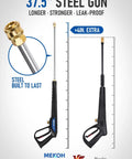 Beefy Universal Pressure Washer Gun With Stainless Extension Replacement Wand Fits Ryobi Greenworks Simpson DeWalt 3600 PSI M22 14 Fitting And 1 4 Inch Quick Connect For Car Wash, steel gun with 37.5-inch length and brass fitting, comparison with plastic.