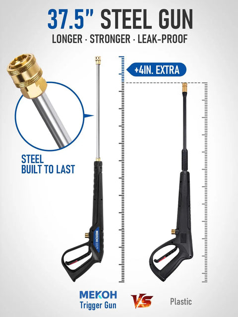 Beefy Universal Pressure Washer Gun With Stainless Extension Replacement Wand Fits Ryobi Greenworks Simpson DeWalt 3600 PSI M22 14 Fitting And 1 4 Inch Quick Connect For Car Wash, steel gun with 37.5-inch length and brass fitting, comparison with plastic.