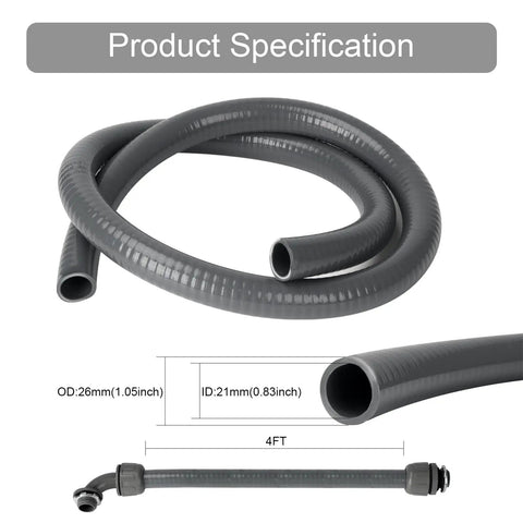 4 Ft Three Quarter Inch Gray Liquid Tight Flexible Electrical Conduit Kit With Straight And 90 Degree Connectors For AC Whip Install
