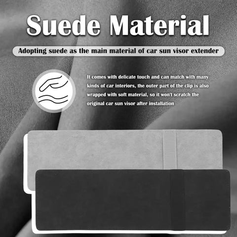 Elastic Sun Visor Extender With Built In Sunglass Holder And Double Clip For Cars, suede material illustration with text