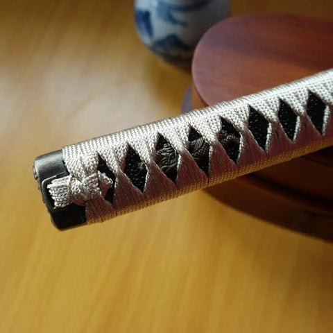Close-up of Samurai Katana Tsuka Handle 10.2 Inch Do It Yourself DIY Grip Upgrade with alloy fittings and wrapped Samegawa