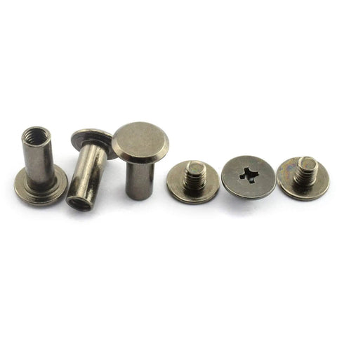 Pack Of 50 Black Chicago Screws Phillips Drive Binding Bolts Copper Plated Steel Rivets For Leather Crafting And Bookbinding displayed on white background.