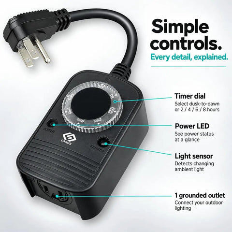 Close-up of Programmable Outdoor Light Timer Featuring Automatic Dusk To Dawn Photocell Sensor, timer dial and grounded outlet.