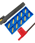 ASZLBYM lathe grooving tool holder MGEHR1212-2 with 11 MGMN200-G carbide inserts in blue organizer tray and red key