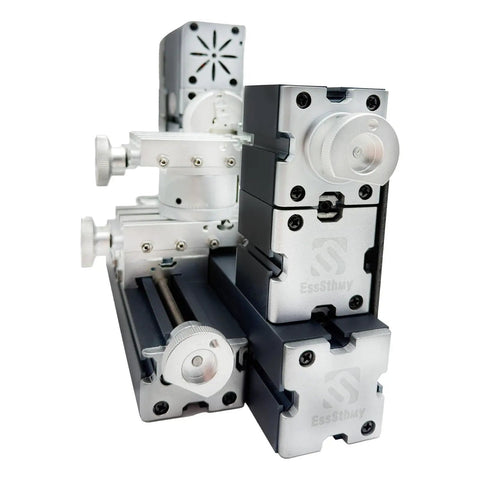 60W High Power Mini Metal Lathe Machine 12000 RPM 4 Axis Desktop Turning Tool components stacked for woodworking and metalworking use.