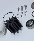 Bearing Housing Assembly Rebuild Kit For Crusader RA134071 Fits Five Point Seven Liter Six Point Zero Liter And Eight Point One Liter Marine Engines With Serpentine Belt Driven Water Pumps Compatible With Pumps RA057032 RA057034 RA057035 And Impeller, kit parts laid out