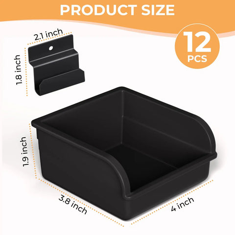 Straight Shot Setup 12 Pack Plastic Slatwall Bins With Heavy Duty Metal Hooks Engineered For Retail Store Shelving with size dimensions.