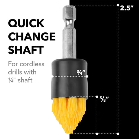 Four Pack Drill Brush Attachments For Grout And Tile Cleaning Quick Change Shafts Cordless Drill Compatible Yellow Bristles
