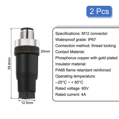 Two Pack 8 Pin M12 Male Aviation Connector Wire Plugs A Coding 12mm Circular Sensor Connector Waterproof IP67 dimensions and specs