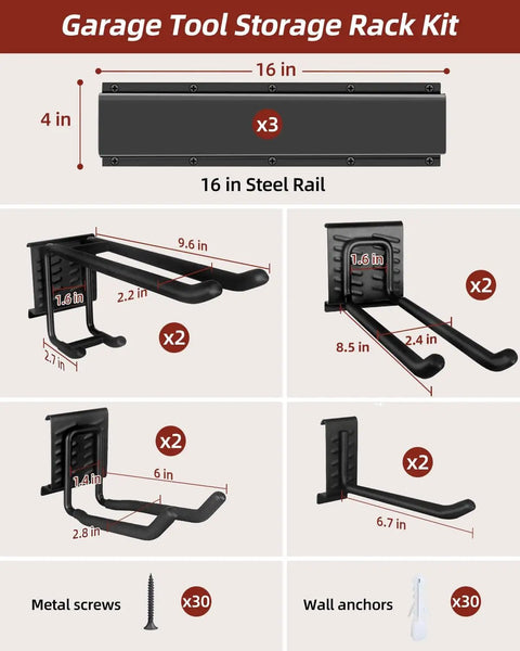 Components of 48-Inch Wall Mounted Garage Tool Organizer With 8 Hooks, including steel rails, hooks, screws, and wall anchors.