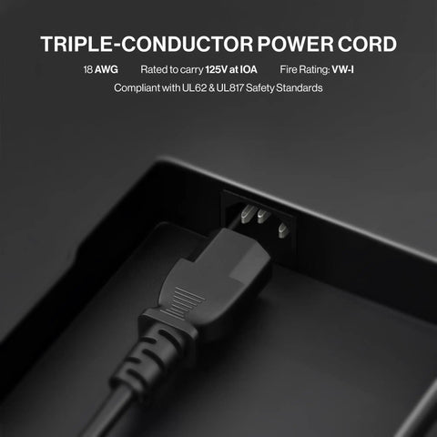 Five Foot Black 3 Prong AC Power Cord Cable, 10 Amp, 125 Volt connected to a device, durable molded flexible power cable