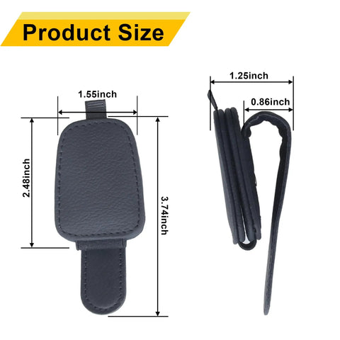Slick Magnetic Leather Sunglasses Holder For Car Visor Clip With Heavy Duty Snap, dimensions 2.48x1.55 inches, stylish black design.