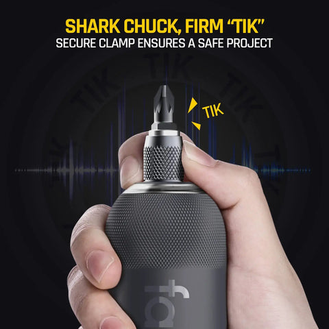 Hand gripping Beast Cordless Screwdriver Kit With 14 Bits, Digital Screen, featuring secure shark chuck for safe DIY projects