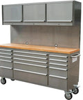 Heavy Duty 72 Inch Rolling Tool Chest With 15 Deep Drawers And Three Top Cabinets, with pegboard and wooden worktop.