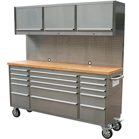 Heavy Duty 72 Inch Rolling Tool Chest With 15 Deep Drawers And Three Top Cabinets, with pegboard and wooden worktop.