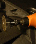 Premium Three Piece Quick Swap Keyless Chuck For Rotary Tools Snaps On Clean Fits Dremel Handles One Thirty Second To One Eighth Inch Bits Daily Grind Ready Gear attached to rotary tool with a cutting disk.