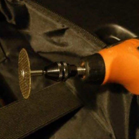 Premium Three Piece Quick Swap Keyless Chuck For Rotary Tools Snaps On Clean Fits Dremel Handles One Thirty Second To One Eighth Inch Bits Daily Grind Ready Gear attached to rotary tool with a cutting disk.