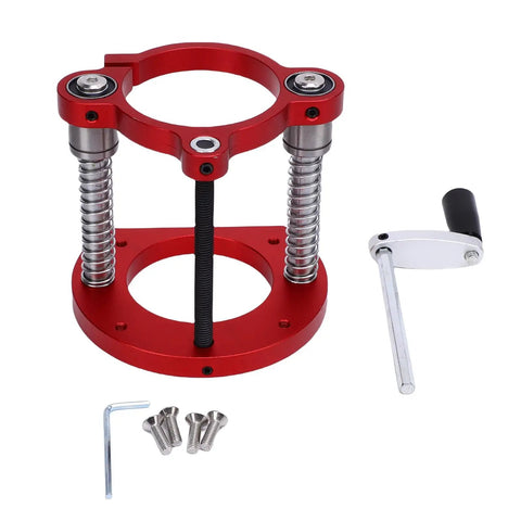 Router Table Base With Two Jaw Clamp System Aluminum Lift Base For Woodworking And Trim Machines Easy Height Adjustment 70mm Lift Universal Fit For 64-66mm Motor Heavy Duty Crafting Essential red aluminum router lift base with springs, handle, and screws