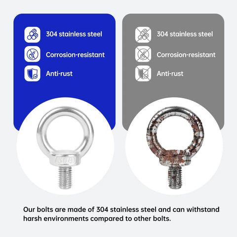Comparison of new and corroded eyebolts showcasing 8 Pack M6 Eye Bolts, Beefy Heavy Duty Stainless Steel Eyebolts For Lifting Machinery And Outdoor Use.