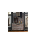 Heavy Duty Wood Walk In Closet Organizer System With Customizable Shelving And Rustic Gray Finish showing a pullout drawer with boots and shoes.