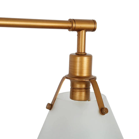 Close-up of gold metal frame with frosted glass shade for Hot Gold Bathroom Light Fixtures Modern Farmhouse Vanity Lights Over Mirror Four Light Vanity Lighting With Frosted Glass Shades For Bright Warm Bath Ambiance.