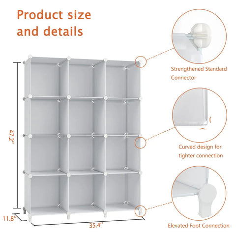 12 Cube Closet Organizer And Storage System White with size details and strengthened connectors for stability.