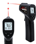 Non-Contact Infrared Thermometer Gun With Backlit Display, Instant Read From -50C To 550C, 12 To 1 Distance Spot Ratio, Adjustable Emissivity, Go-To Handheld Laser IR Thermometer For Home, Kitchen, Automotive, Black, front and side view