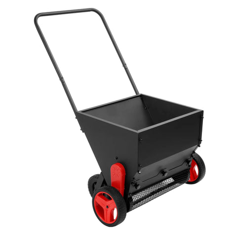 Four Wheel Spreader And Garden Cart For Lawn Fertilizer Grass Seed And Compost Topdresser Push Cart With Handle, red wheels