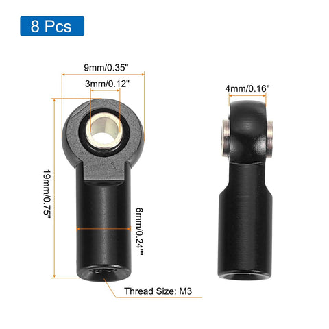 M3xL19mm Lever Steering Linkage Ball Head Ends For RC Crawler Cars 8 Piece Black Set, M3 Thread, 0.75 Inch Length, 3mm Hole, 6mm Hex, Tough Tie Rod Joints For Precise Steering And Easy Install, black RC ball end dimensions