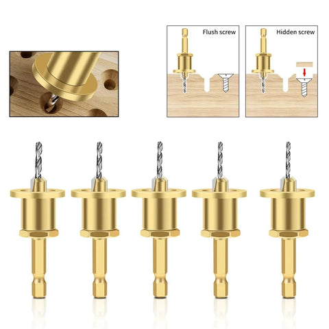 Premium Adjustable Handle Countersink Drill Bit Set Includes Five Piece Router Kit with brass drill bits for smooth wood boring.