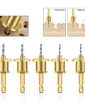 Adjustable Hexagonal Handle Cutter And Heavy Duty Woodworking Tools Featuring Rock Solid 8 Mm Shank Countersink Drill Router Bit For No Hassle Wood Installation Limit Hole Five Piece Set showing gold drill bits with hex shank.