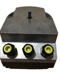 High Precision Electric Actuator For Linear Control Valve Featuring A Heavy Duty Workhorse Design. Top view of metal actuator with connectors.