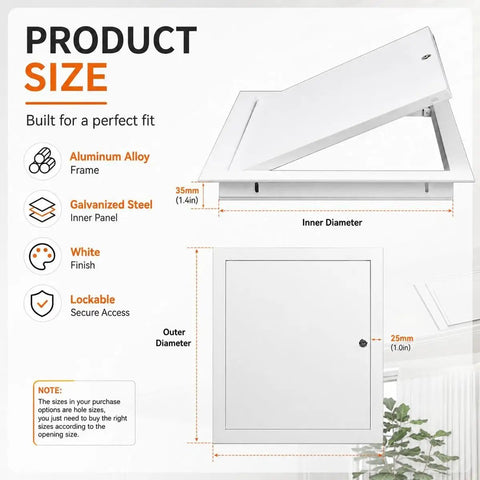 Heavy Duty Locking Aluminum Access Panel For Drywall Ceilings And Interior Walls Featuring Bulletproof Key Guard, showing dimensions and materials.