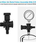 Front/side view of black plastic sand filter air relief valve assembly with knurled cap.