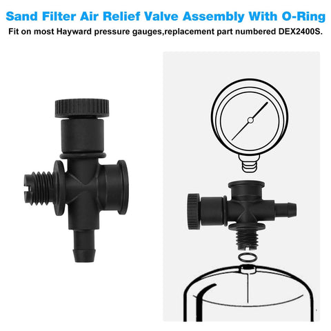 Front/side view of black plastic sand filter air relief valve assembly with knurled cap.
