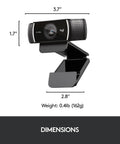Hella Crisp 1080P HD Webcam For Smooth Streaming And Ridiculously Clear Video Recording With Autofocus and Dual Mics, dimension details, black design.