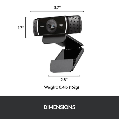 Hella Crisp 1080P HD Webcam For Smooth Streaming And Ridiculously Clear Video Recording With Autofocus and Dual Mics, dimension details, black design.