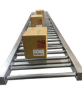 Light-Duty Unpowered Roller Conveyor 30cm Wide With Galvanized Steel Rollers And Durable Silver Frame For Easy Warehouse And Factory Material Handling, Unloading And DIY Projects, shown with boxes