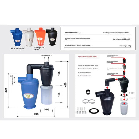 Detailed setup diagram of Cyclone Dust Collector for Woodworking, 50T4 T32 Series with dimensions and assembly instructions
