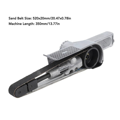 Compact Mini Air Belt Sander With Variable Speed Pneumatic Angled Grip Includes Two Sanding Belts, showing detail of the sanding belt system.