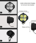 Ultra Bright LED Bike Headlight With 3 Pin Female Waterproof Connector, 12W 300 Lux Front Light And Horn Warning For Night Rides On 48V 36V Folding Mountain Bikes And E-Scooters, dimensions shown