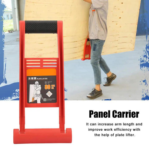 Heavy Duty Panel Lifter Grip Tool With Non Slip Handle For Safe Drywall And Sheet Metal Handling Plus Durable Abs Plastic Construction For Pros And DIYers, shown being used to carry large sheet material.