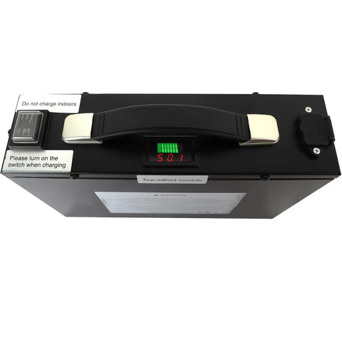 High Capacity Rechargeable Battery For RXFSP Electric Stair Climbing Hand Truck Dolly With Matching Charger Black power pack top view.