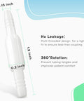 Side view of white plastic oxygen tubing swivel connector with 360° rotation and anti-tangle, leak-free design